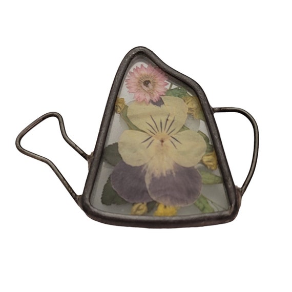 Silver Tone Dried Pansy Flower Weathered Glass Water Can Brooch E446