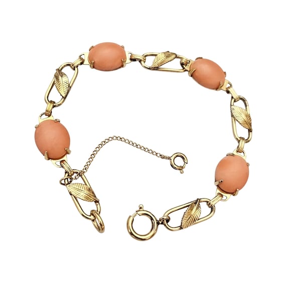 Gold Filled Coral Cabochon Chain Bracelet Leaf Paper Clip Oval Links C675