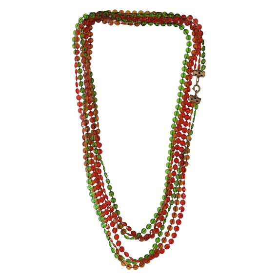 Red Green Orange Plastic Fixed Bead Multi Strand Necklace 50" Long, E219
