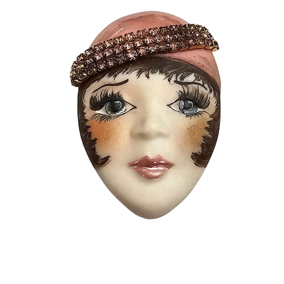 Flapper Girl Face Brooch, Bone China Style Rhinestone Lady Pin J352