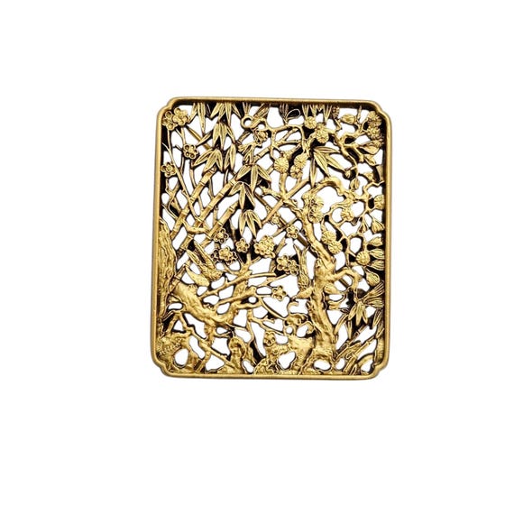 MFA Museum of Fine Arts Gold Tone Carved Bamboo Trees Floral Scene Brooch Signed