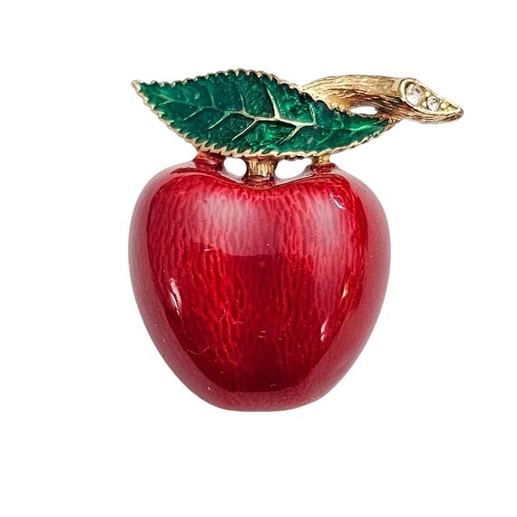 Ciner Red, Green Enamel Apple Brooch Clear Rhinestone Pin Signed, J357