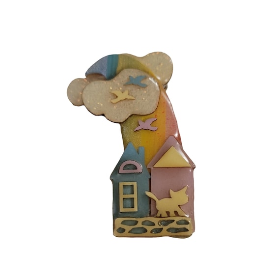 Lucinda Pastel Color Rainbow Glittery Clouds Cat Birds House Pin K939