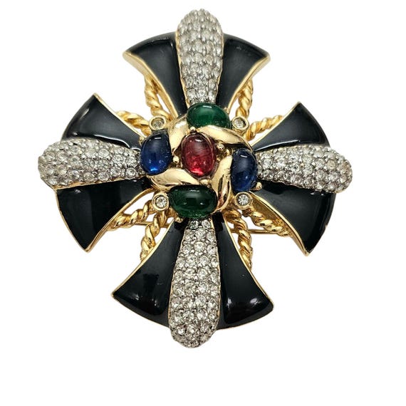Ciner Maltese Cross Brooch Pendant Moghul Cabochon Clear Rhinestone Black Enamel Pin, Signed L980