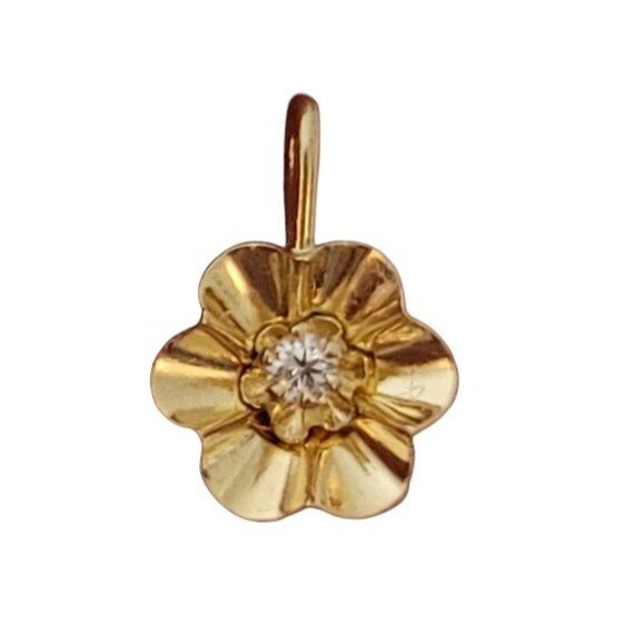14K Yellow Gold Tiny Diamond Flower Charm Pendant E787