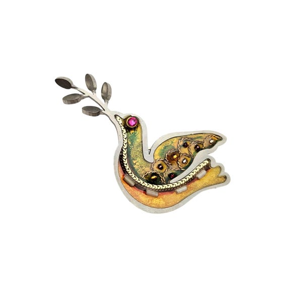 Seeka Dove Brooch, Pink Eye, Yellow Green Pin