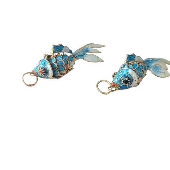 Vintage Blue Enamel Articulated Fish Pair Charm Pendant E577