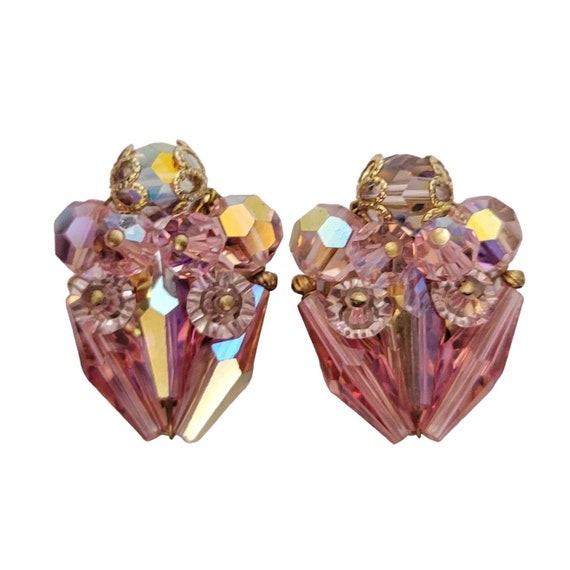 Pink AB Glass Beaded Cluster Clip On Earrings E201