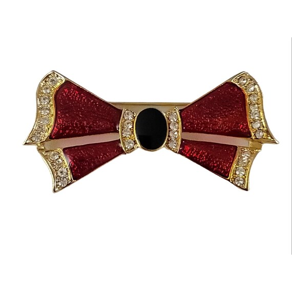 Gold Tone Red Black Enamel Clear Rhinestone Bow Brooch K534