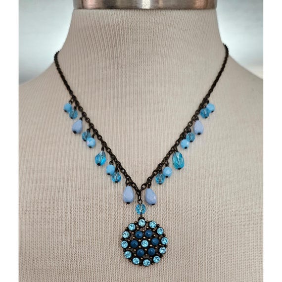 VJ Blue Lucite Glass Dangle Chain Necklace Round Rhinestone Pendant J649