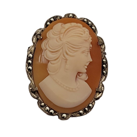 Sterling Silver Marcasite Shell Carved Cameo Brooch Pendant K305