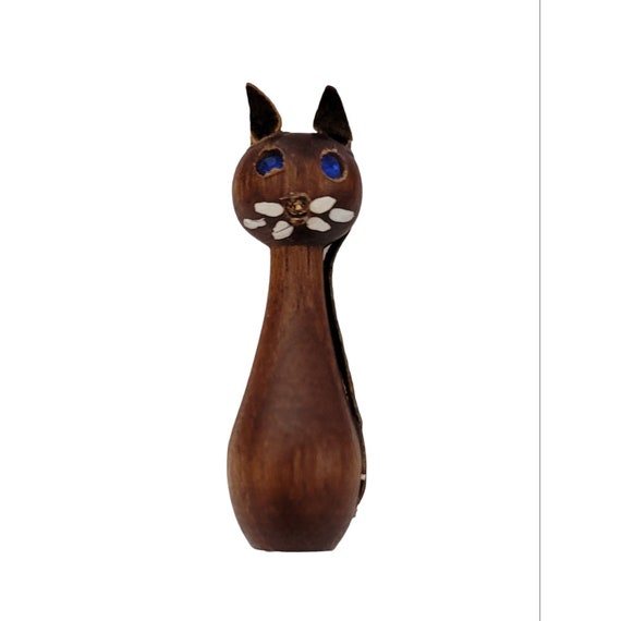 Wood Carved Vintage Leather Ear, Tail Cat Pin, Marked Denmark K637