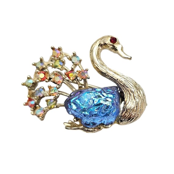 BSK Blue AB Lava Rhinestone Sawn Brooch Multicolor Chaton Pin, Signed