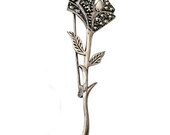 Sterling Silver Marcasite Flower Brooch Long Stem Rose Pin