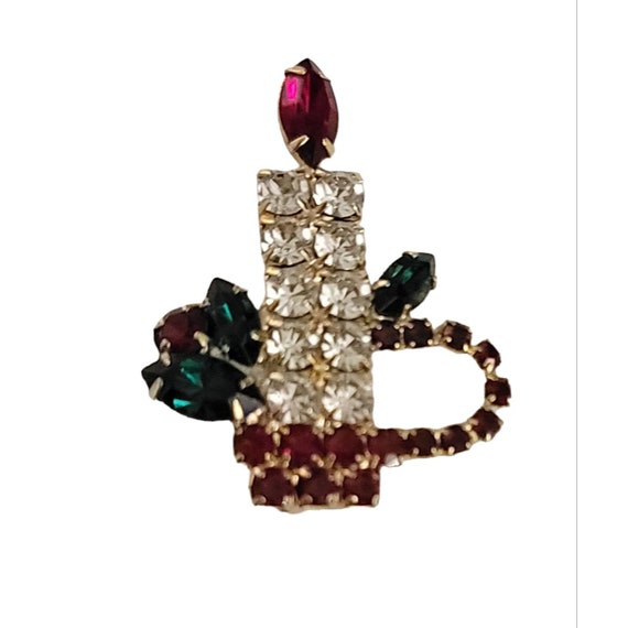 Gold Tone Red Clear Green Rhinestone Christmas Candle Brooch Pin K677