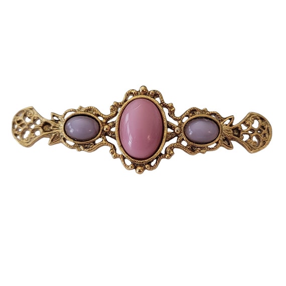 1928 Brand Victorian Style Oval Pink Purple Glass Cab Bar Brooch Pin E635