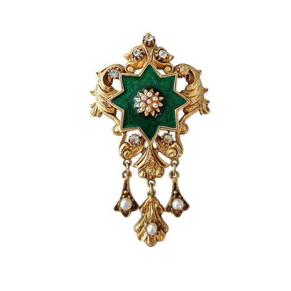 Florenza Star, Fleur Green Enamel Faux Pearl Rhinestone Dangle Pin, Signed