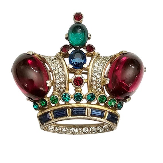 Trifari Alfred Philippe Sterling Crown Brooch Chunky Oval Cabochon Signed, J340