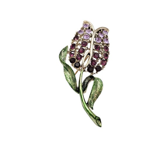 Purple Rhinestone Tulip Brooch Green Enamel Vintage Pin