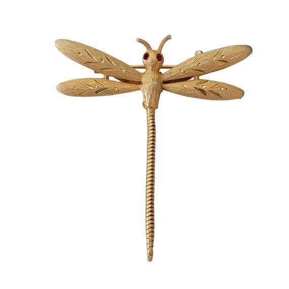 JJ Jonette Gold Tone Red Rhinestone Eye Dragonfly Brooch Pin, Signed E831