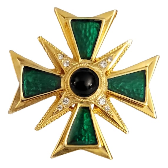 Gold Tone Green Enamel, Black Lucite Cab Maltese Cross Brooch