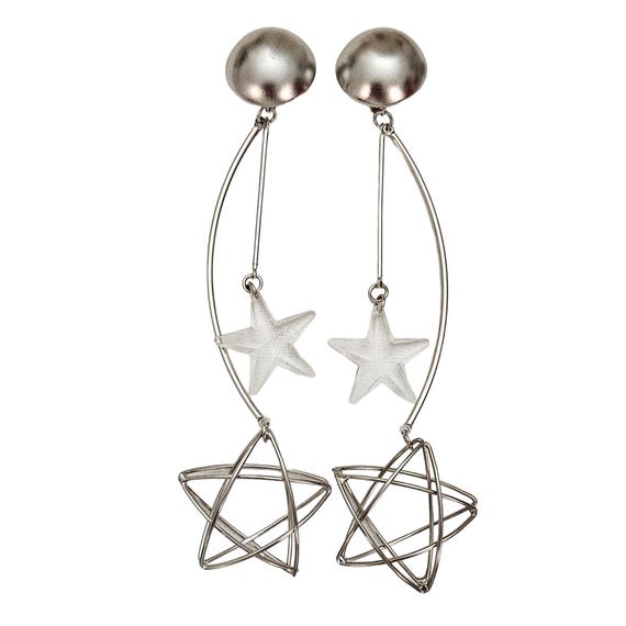 Silver Tone Vintage Shoulder Duster Star Clear Lucite Celestial Dangle Clip On Earrings L346