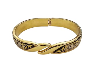 Gold Tone Vintage Hinged By Pass Damascene Cuff Bracelet