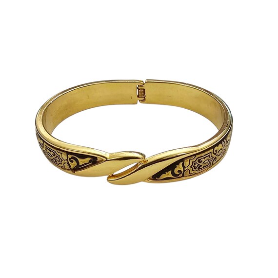 Gold Tone Vintage Hinged By Pass Damascene Cuff Bracelet