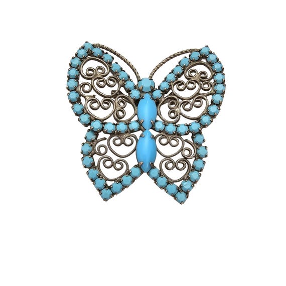 Blue Opaque Vintage Rhinestone Butterfly Brooch, Open Scroll Design Pin C692