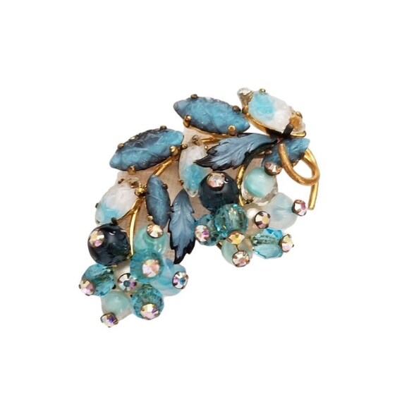 Vintage Made in Germany Molded Blue Glass Rhinestone Leaves Givre Navette Beaded Flower Brooch Pin L67