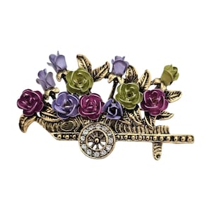 Pink Green Purple Enamel Flower Wheel Barrow Brooch Clear Rhinestone Pin, J95