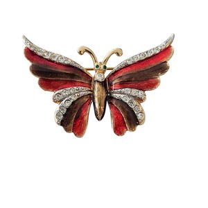 Handwerk Vintage Schmetterling Brosche Gold Ton Strass Emaille Pin, signiert