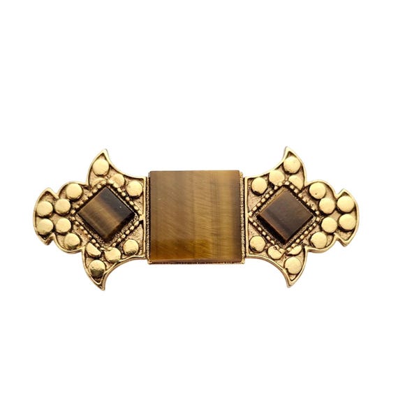 Gold Tone Tiger Eye Fleur Bar Brooch Designer Style Pin J563