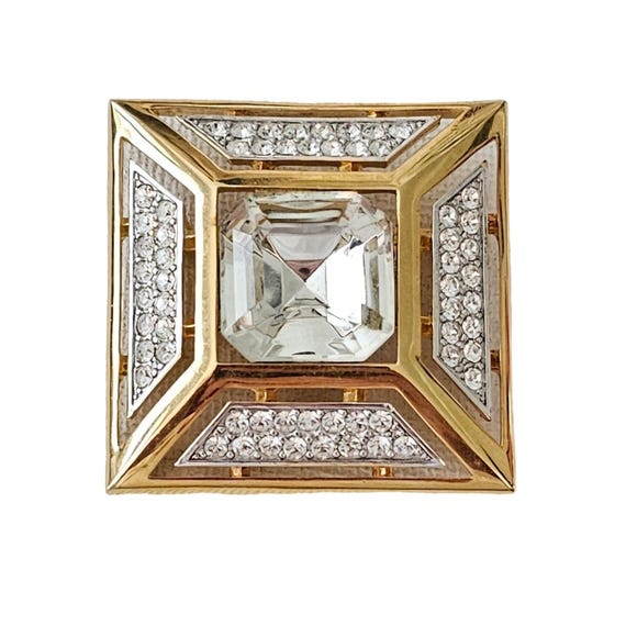 Jones New York Gold Tone Clear Rhinestone Square Open Brooch, Signed L357
