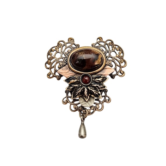Silver Forest Mixed Metal Filigree Stone Brooch Red Cabochon Pin J753