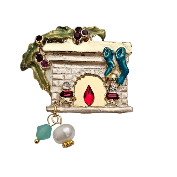 Vintage Rhinestone Fireplace Brooch Christmas Holly Mantle Pearl Charm Dangles