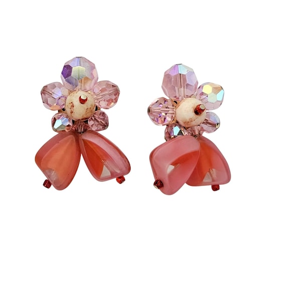 Pink Art AB Glass Clip On Cluster Orange Earrings J591