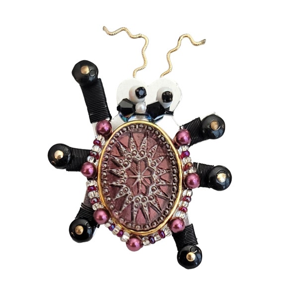 Liztech 1994 Beaded Glass Belly Bug Brooch, Signed M275