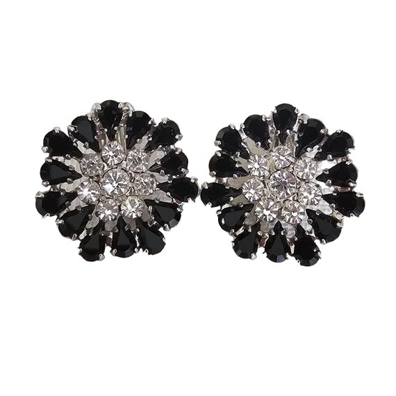 B David Black Clear Prong Set Rhinestone Round Flower Clip On Earrings, Signed L76