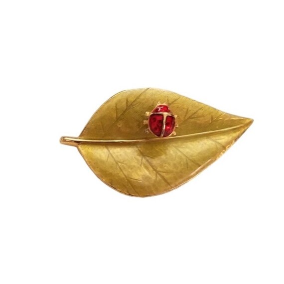 LIA Green Enamel Leaf Lady Bug Trembler Brooch Pin, Signed L72