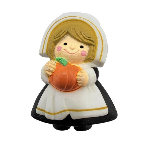 Hallmark 1982 Holiday Thanksgiving Little Pilgrim Girl Holding Pumpkin Lapel Pin