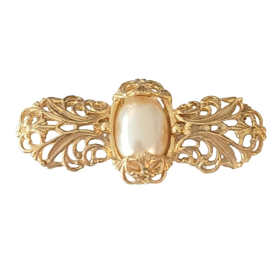 Napier Gold Tone Faux Pearl Bar Brooch Pin, Signed M523