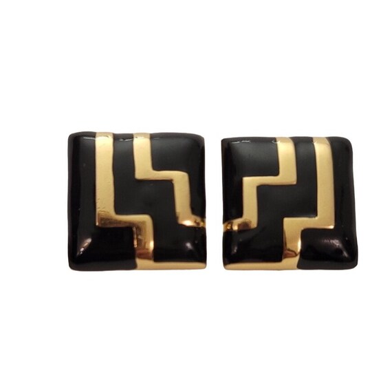 Monet Gold Tone Square Black Enamel Clip-On Earrings, Signed E488
