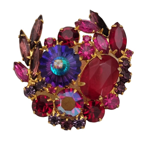 Weiss Juliana Blue Rivoli Pink Red Purple Rhinestone Cluster Swag Brooch, Signed E884