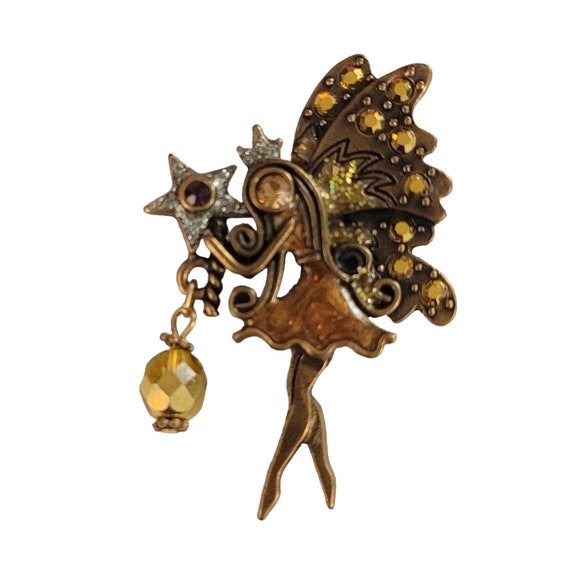 Gold Rhinestone Enamel Star Wand Dangle Fairy Brooch Pin K929