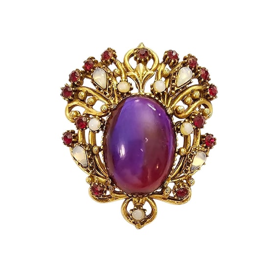 Florenza Pink Blue AB Domed Cabochon Brooch Red Rhinestone White Opaline Pin Pendant Signed