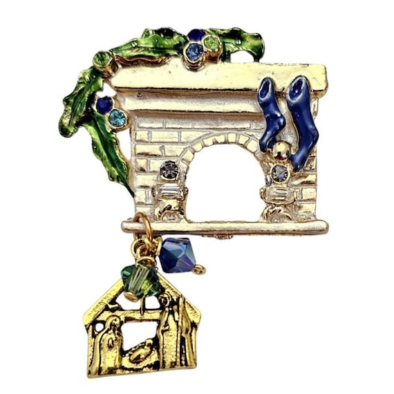 Vintage Fireplace Nativity Rhinestone Glass Dangle Charms Christmas Brooch J948