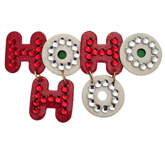 HO HO HO Sparkle Resin & Rhinestone Brooch Pin, Red Green White Pin L501
