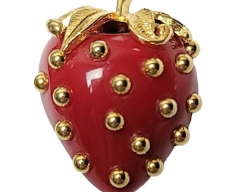 Kenneth Jay Lane Vintage Red Lucite Gold Tone Ballotini Strawberry Brooch, Signed