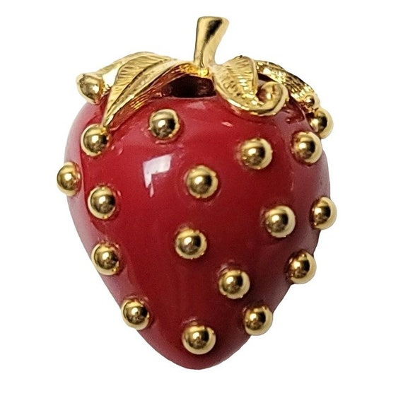Kenneth Jay Lane Vintage Red Lucite Gold Tone Ballotini Strawberry Brooch, Signed